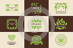 Organic product logo template set, natural, vegan badges collection, design elements emblems, fresh and healthy products