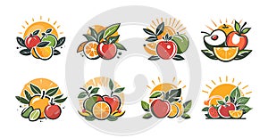 Organic products logo vector set. Vegetables fruit apple pear orange strawberry lemon healthy food icons isolated on