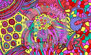 Organic psychedelic colorful pattern. Multicolor stoner illustration. Waterdrops and plants elements. Zendoodle art for relaxation