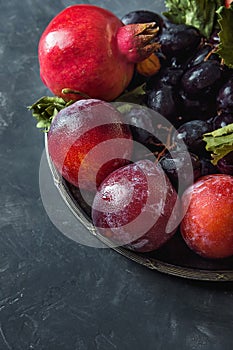 Organic Purple Grapes Red Plums Pomegranates on Vintage Plate. Black Stone Background. Autumn Fall Harvest Jewish New Year