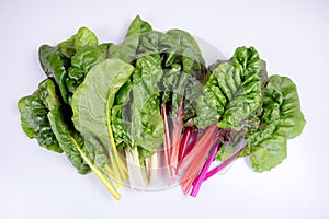 Organic rainbow chard: spray-free leafy greens in fan arrangement isolated on white