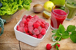 Organic raspberry, smoothie of raspberry and green smoothie