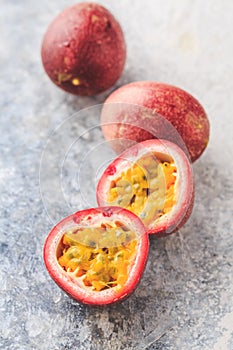 Organic raw passion fruit on kitchen table