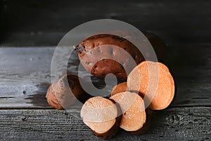 Organic raw sweet potato sliced