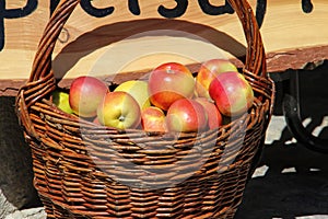 Organic red apples in a basket on the table