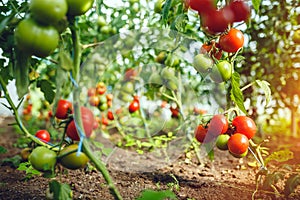 Organic red ripe tomatoes grown in a greenhouse