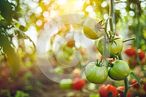 Organic red ripe tomatoes grown in a greenhouse