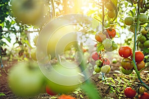 Organic red ripe tomatoes grown in a greenhouse