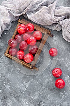 Organic ripe plums in wooden box decorated with grey gauze fabric, copy space. Flat lay.