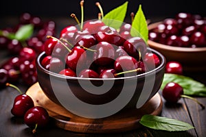 Organic ripe red cherries in a beautiful bowl ready for snacking