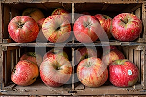 Organic ripe red and green apples in a rustic wooden box, fresh harvest fruits photography shot