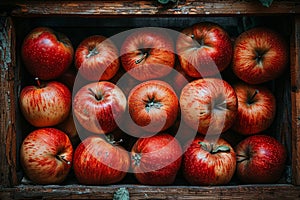 Organic ripe red and green apples in wooden box for sale - fresh fruits photography shot