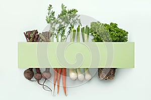 Organic root vegetables and herbs