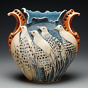 Organic Sculpting: Blue, White, And Orange Vase With Birds