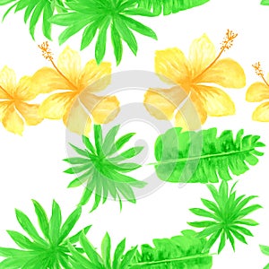 Organic Seamless Painting. Gray Pattern Painting. White Tropical Exotic. Natural Flower Painting. Green Banana Leaves.