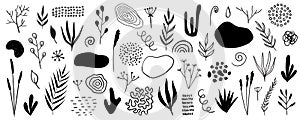 Organic shapes, plants, spots, lines, dots. Vector set of minimal abstract hand drawn elements for graphic design