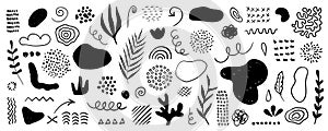 Organic shapes, spots, plants, lines, dots. Vector set of minimal trendy abstract hand drawn elements for graphic design