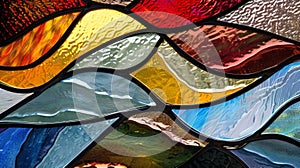 Organic Shapes The stained glass artwork incorporates organic amorphous shapes that seem to flow and merge together photo