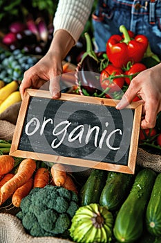 organic sign at the vegetable market. selective focus.