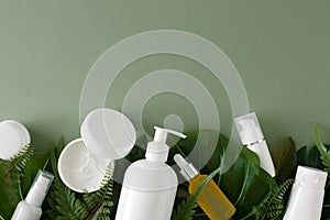Flat lay photo of white cosmetic bottles, cream jars, dropper bottles and tropical leaves on pastel green background