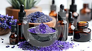 Organic skincare ingredient lavender flowers in mortar on table for natural cosmetic recipes