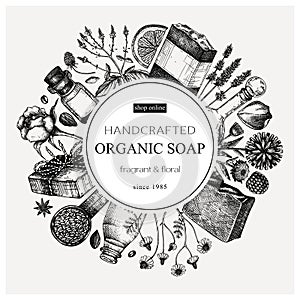 Organic soap wreath design in vintage style. Hand-sketched aromatic materials and natural ingredients for cosmetics, perfumery,