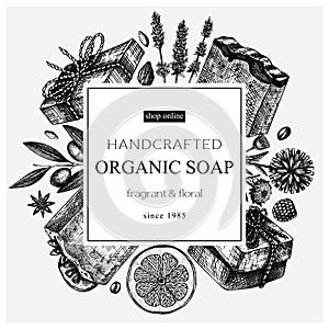 Organic soap wreath design in vintage style. Hand-sketched aromatic materials and natural ingredients for cosmetics, perfumery,