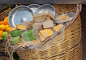 Organic soaps in rattan basket sold outside