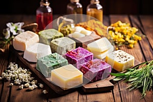 organic soaps on a rustic wooden table