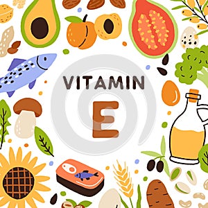 Organic sources of Vitamin E. Card with natural healthy food and nutrients enriched with tocopherol. Colorful flat