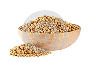 organic soybeans in a wooden bowl isolated on white background