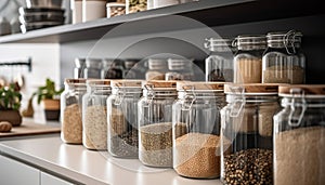 Organic spice collection in large jars for healthy vegetarian cooking generated by AI