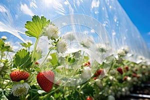 Organic strawberry plant growing in greenhouse