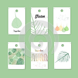 Organic style gift tags and cards with leaves. Stock vector illustration