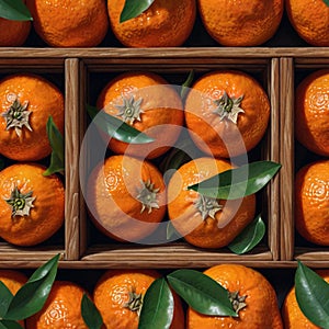 Organic Tangerines, mandarins with green leaves in wooden box. Gray background. Top view.