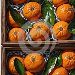Organic Tangerines, mandarins with green leaves in wooden box. Isolated on white background.