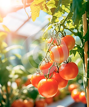 Organic tomato cultivation in greenhouse with copy space