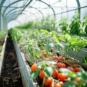 Organic tomatoes bed vegetable garden in a greenhouse