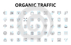 Organic traffic linear icons set. Ranking, SERP, Optimization, Clicks, Keywords, Traffic, Content vector symbols and