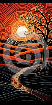 Organic Tree Path In Orange Sky At Sunset - Inspired By Kelly Vivanco And Margaret Preston