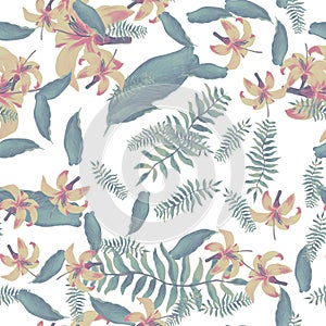 Organic Tropical Nature. Green Seamless Leaf. Yellow Pattern Hibiscus. White Floral Plant. Natural Wallpaper Leaves. Flora Exotic