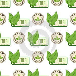 Organic vegan healthy food eco restaurant labels nature diet product seamless pattern background vector illustration