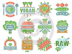 Organic vegan healthy food eco restaurant logo badges labels with vegetarian raw nature food diet designs vector