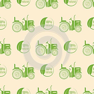 Organic vegan healthy food eco restaurant logo tractor badge label nature diet product seamless pattern background