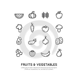 Organic Vegan Healthy Shop or Store. Green Natural Vegetable and Fruit Symbols, Farmer Market Countryside
