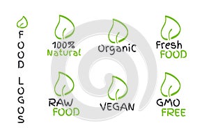 Organic, Vegan, Raw, Fresh Food, GMO Free, 100% Natural label with leaf. Vector logos, signs. Symbols for healthy eating, health