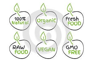 Organic, Vegan, Raw, Fresh Food, GMO Free, 100% Natural labels. Green and grey vector logos, signs. Symbols for healthy eating