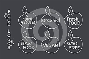 Organic, Vegan, Raw, Fresh Food, GMO Free, 100% Natural labels. Vector logos, signs. Symbols for healthy eating, health, menu,