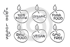 Organic, Vegan, Raw, Fresh Food, GMO Free, 100% Natural labels. Vector logos, signs. Symbols for healthy eating, menu, product