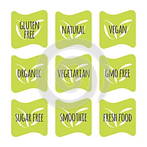 Organic Vegan Vegetarian Fresh Natural Smoothie Gluten GMO Sugar Free vector sticker set. Isolated green labels. Symbol for food